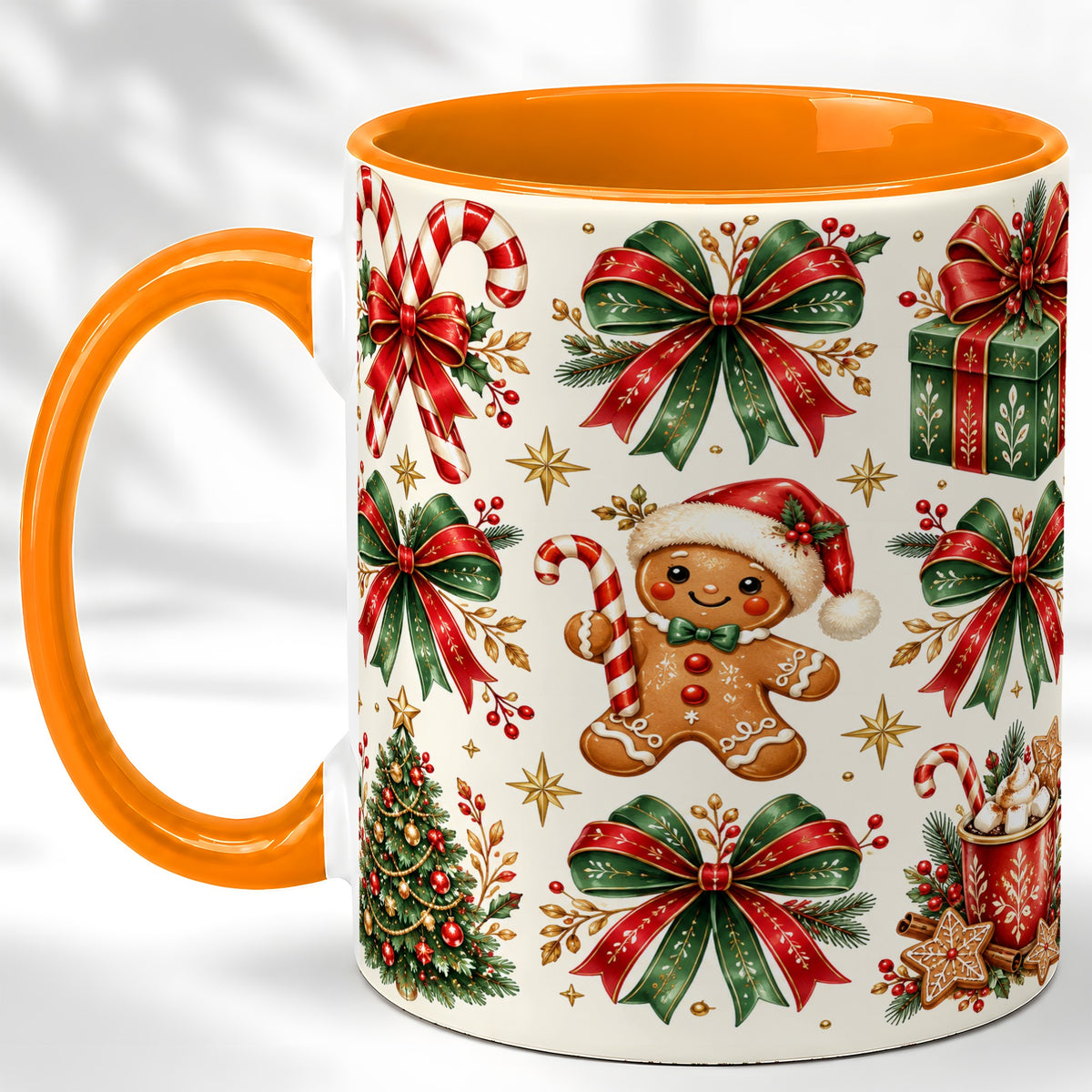 #pl[11oz|Orange] Christmas Bow Coffee Mug, Gingerbread Holiday Mug, Ceramic Cup