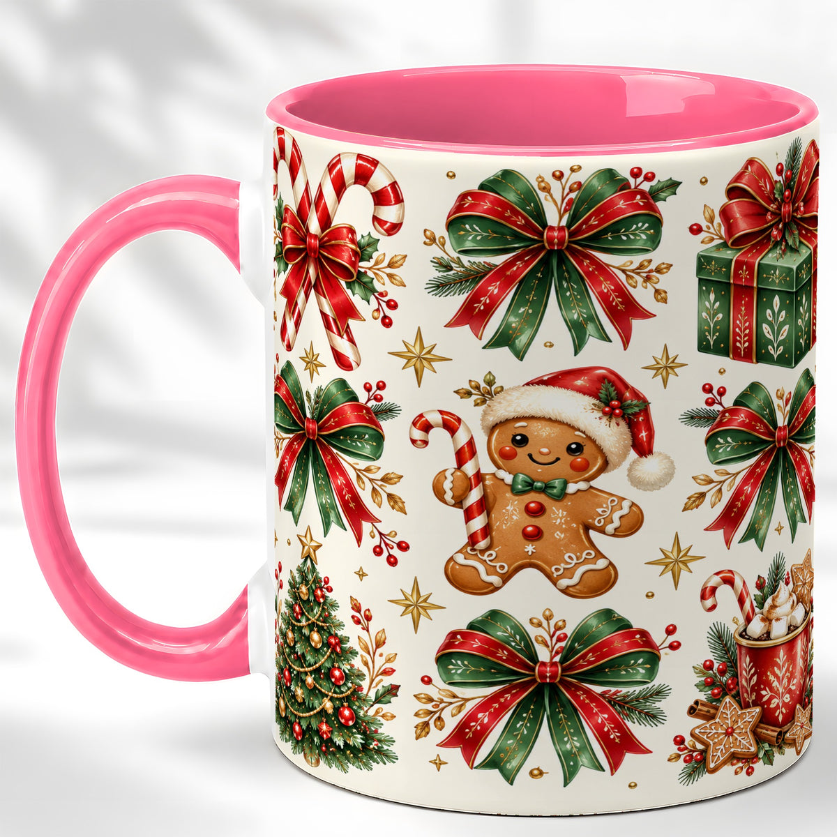 #pl[11oz|Pink] Christmas Bow Coffee Mug, Gingerbread Holiday Mug, Ceramic Cup
