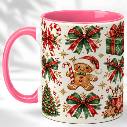 #pl[11oz|Pink] Christmas Bow Coffee Mug, Gingerbread Holiday Mug, Ceramic Cup