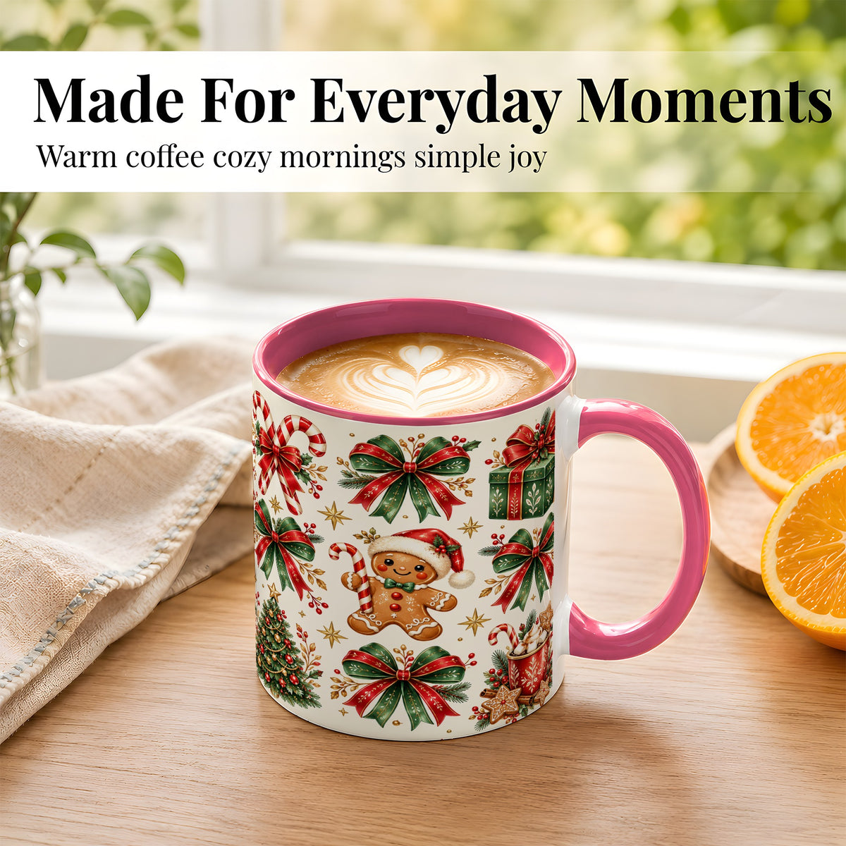 #pl[11oz|Pink] Christmas Bow Coffee Mug, Gingerbread Holiday Mug, Ceramic Cup