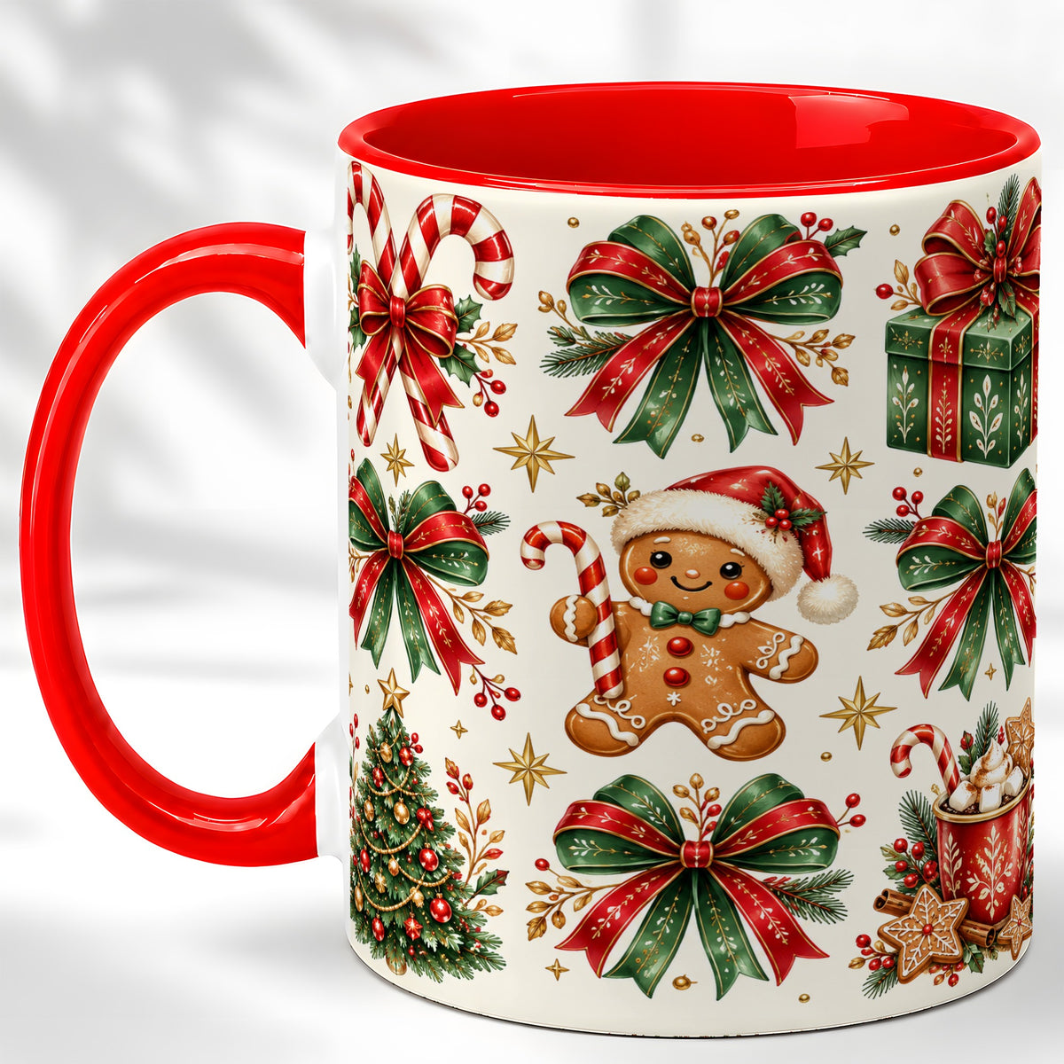 Christmas Bow Coffee Mug, Gingerbread Holiday Mug, Ceramic Cup