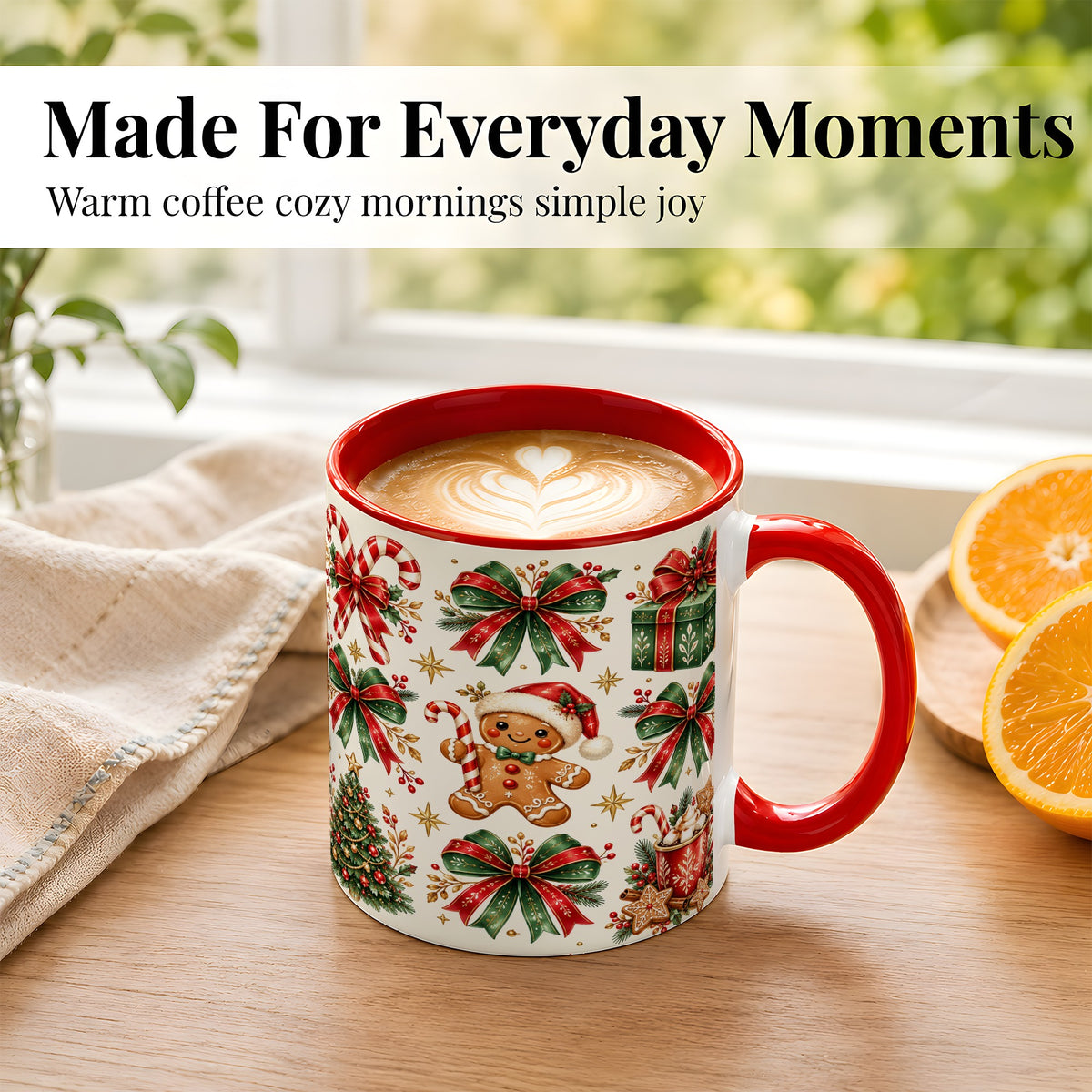 #pl[11oz|Red] Christmas Bow Coffee Mug, Gingerbread Holiday Mug, Ceramic Cup