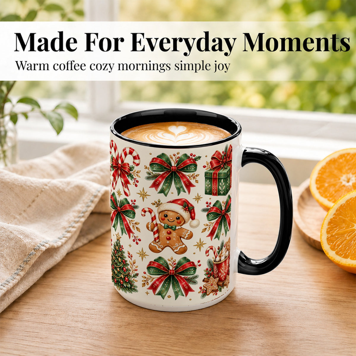 #pl[15oz|Black] Christmas Bow Coffee Mug, Gingerbread Holiday Mug, Ceramic Cup