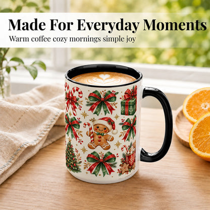 #pl[15oz|Black] Christmas Bow Coffee Mug, Gingerbread Holiday Mug, Ceramic Cup