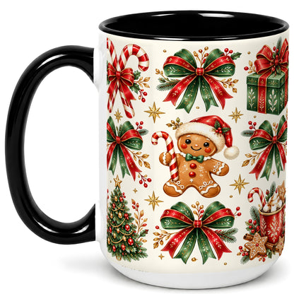 #pl[15oz|Black] Christmas Bow Coffee Mug, Gingerbread Holiday Mug, Ceramic Cup