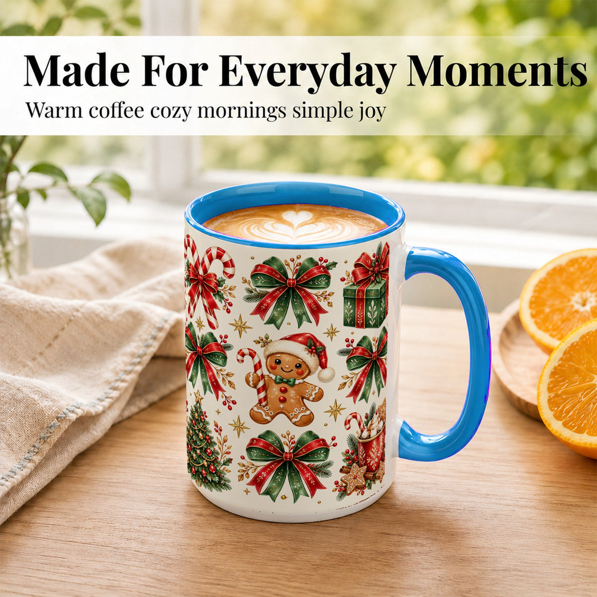 #pl[15oz|Blue] Christmas Bow Coffee Mug, Gingerbread Holiday Mug, Ceramic Cup