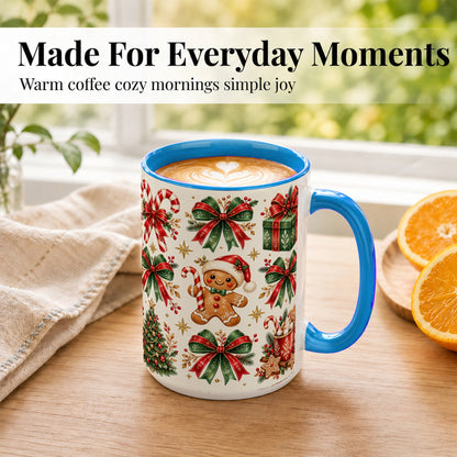#pl[15oz|Blue] Christmas Bow Coffee Mug, Gingerbread Holiday Mug, Ceramic Cup
