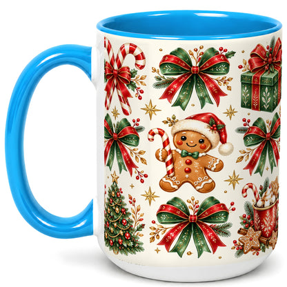 #pl[15oz|Blue] Christmas Bow Coffee Mug, Gingerbread Holiday Mug, Ceramic Cup