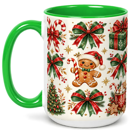 #pl[15oz|Green] Christmas Bow Coffee Mug, Gingerbread Holiday Mug, Ceramic Cup