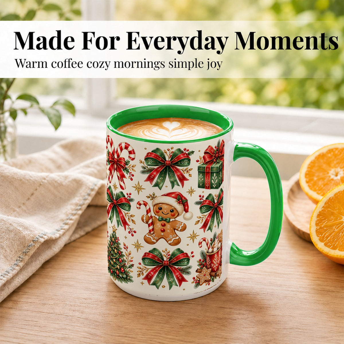 #pl[15oz|Green] Christmas Bow Coffee Mug, Gingerbread Holiday Mug, Ceramic Cup