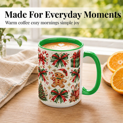 #pl[15oz|Green] Christmas Bow Coffee Mug, Gingerbread Holiday Mug, Ceramic Cup