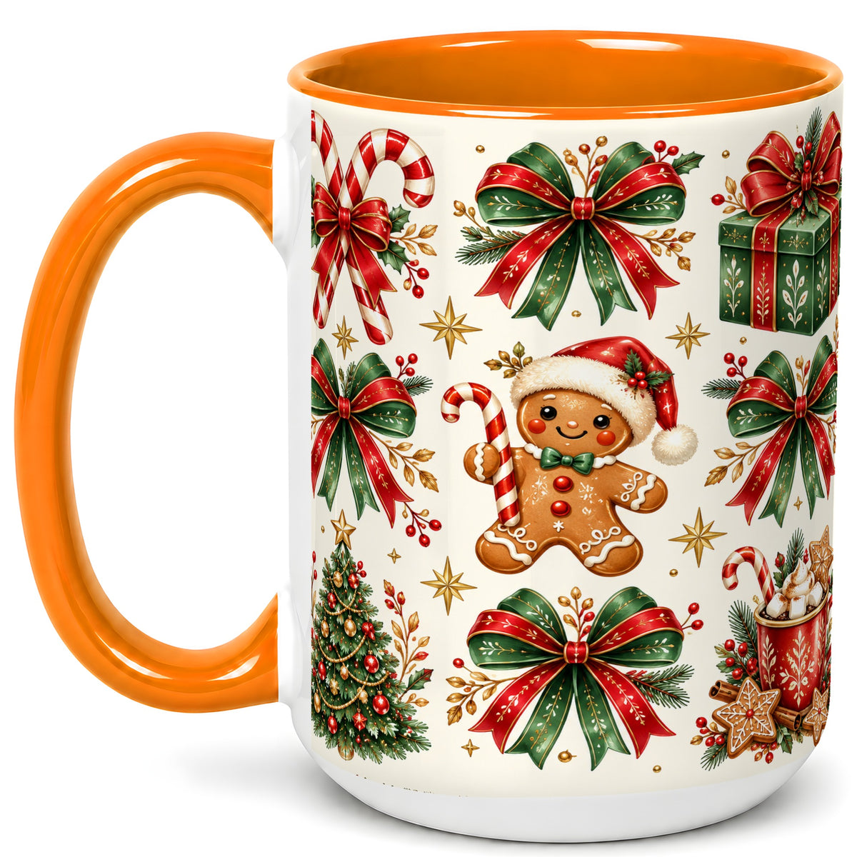 #pl[15oz|Orange] Christmas Bow Coffee Mug, Gingerbread Holiday Mug, Ceramic Cup