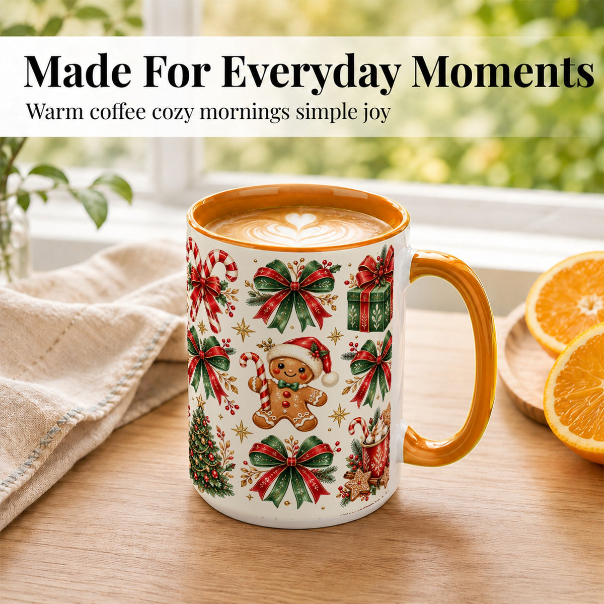 #pl[15oz|Orange] Christmas Bow Coffee Mug, Gingerbread Holiday Mug, Ceramic Cup