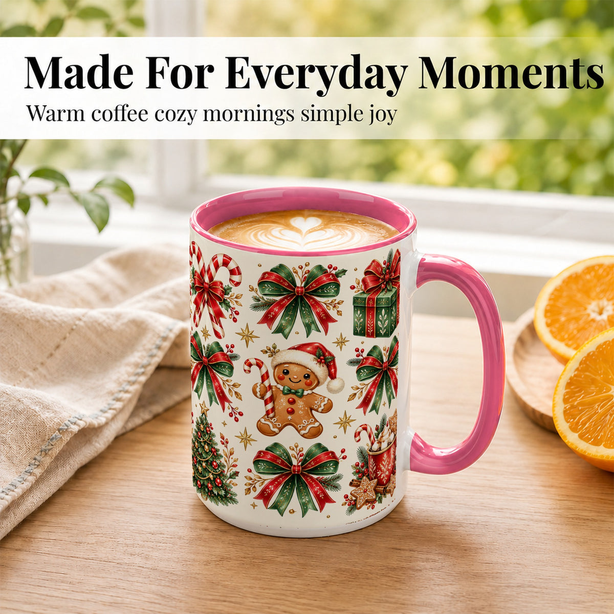 #pl[15oz|Pink] Christmas Bow Coffee Mug, Gingerbread Holiday Mug, Ceramic Cup