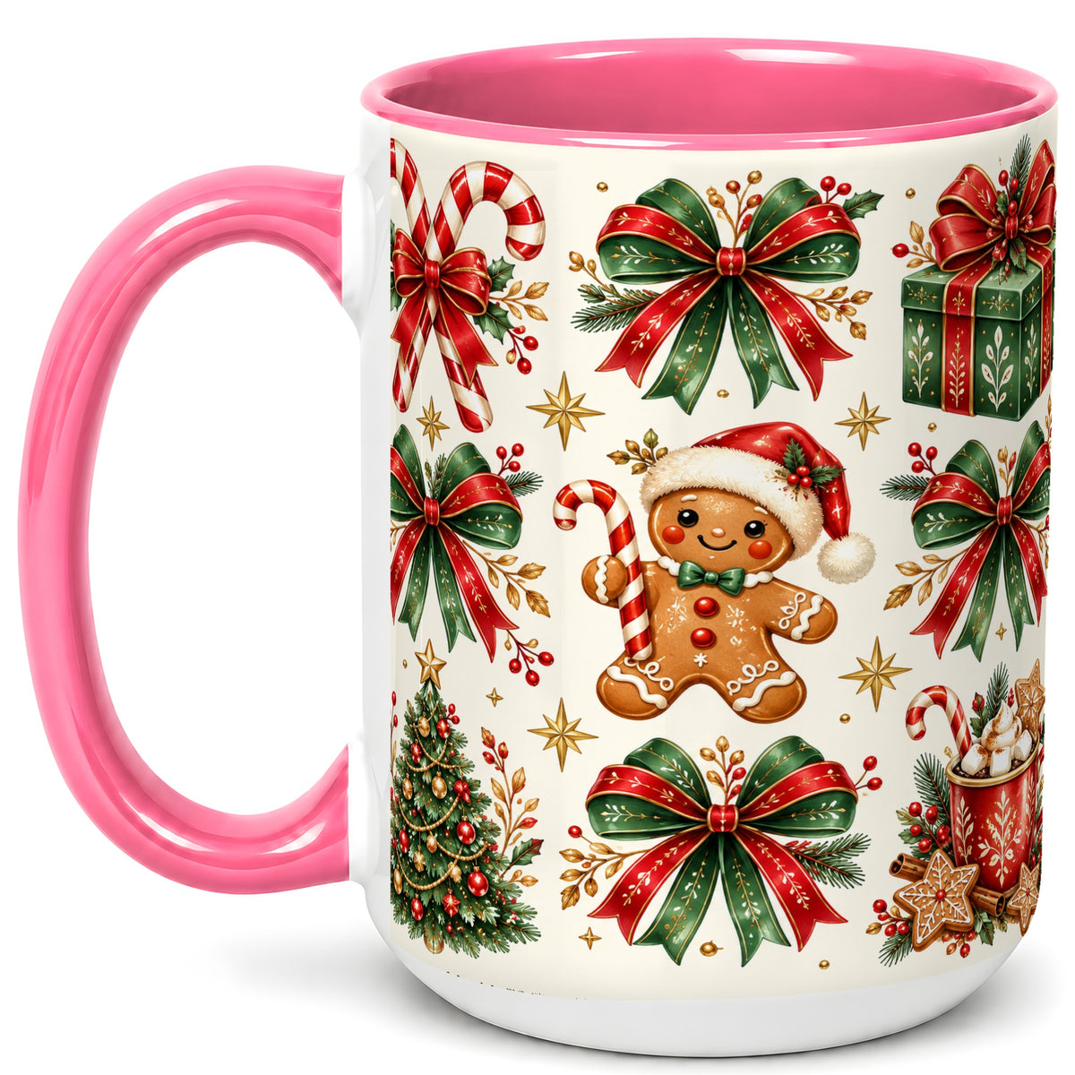 #pl[15oz|Pink] Christmas Bow Coffee Mug, Gingerbread Holiday Mug, Ceramic Cup
