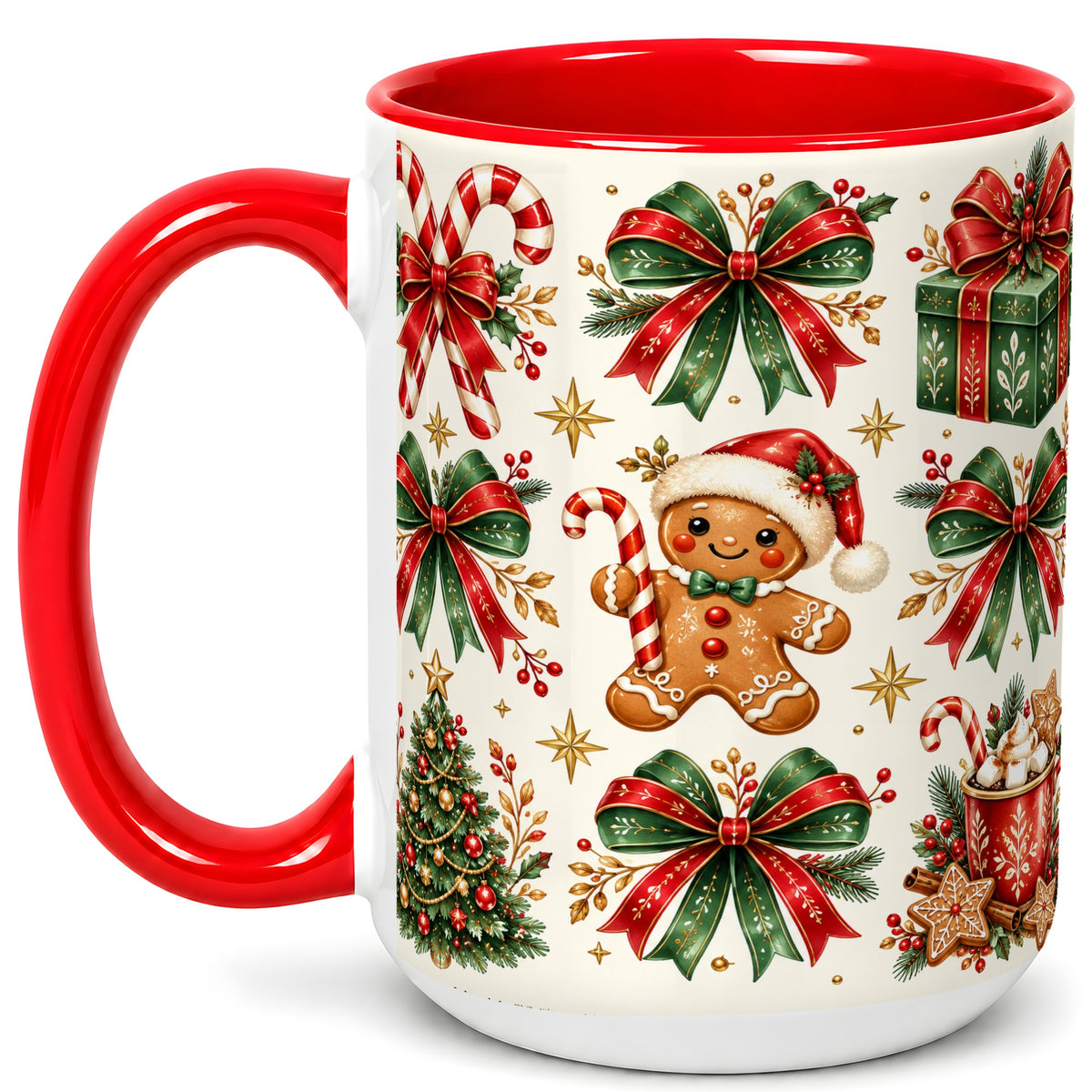 #pl[15oz|Red] Christmas Bow Coffee Mug, Gingerbread Holiday Mug, Ceramic Cup