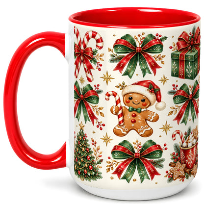 #pl[15oz|Red] Christmas Bow Coffee Mug, Gingerbread Holiday Mug, Ceramic Cup