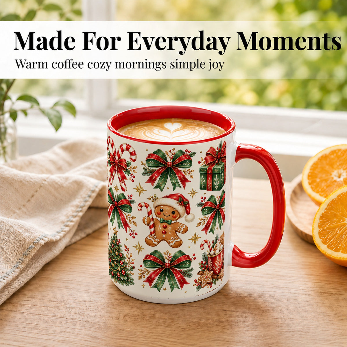 #pl[15oz|Red] Christmas Bow Coffee Mug, Gingerbread Holiday Mug, Ceramic Cup