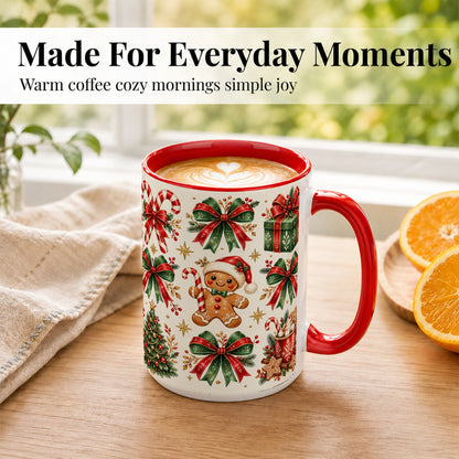 #pl[15oz|Red] Christmas Bow Coffee Mug, Gingerbread Holiday Mug, Ceramic Cup