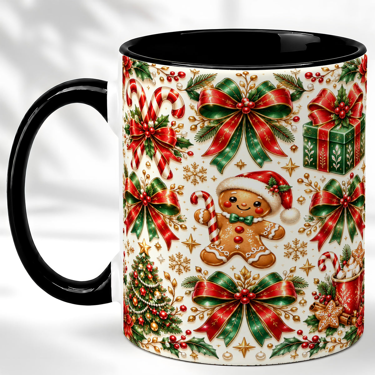 #pl[11oz|Black] Christmas Bows Coffee Mug, Holiday Ribbon Mug, Ceramic Cup