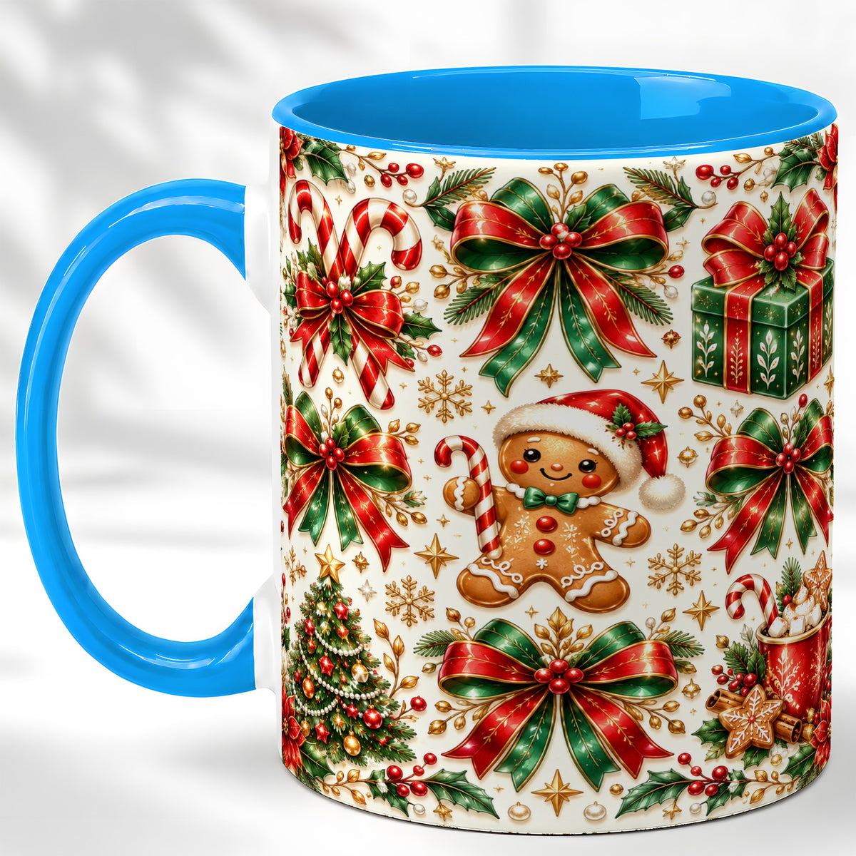 #pl[11oz|Blue] Christmas Bows Coffee Mug, Holiday Ribbon Mug, Ceramic Cup