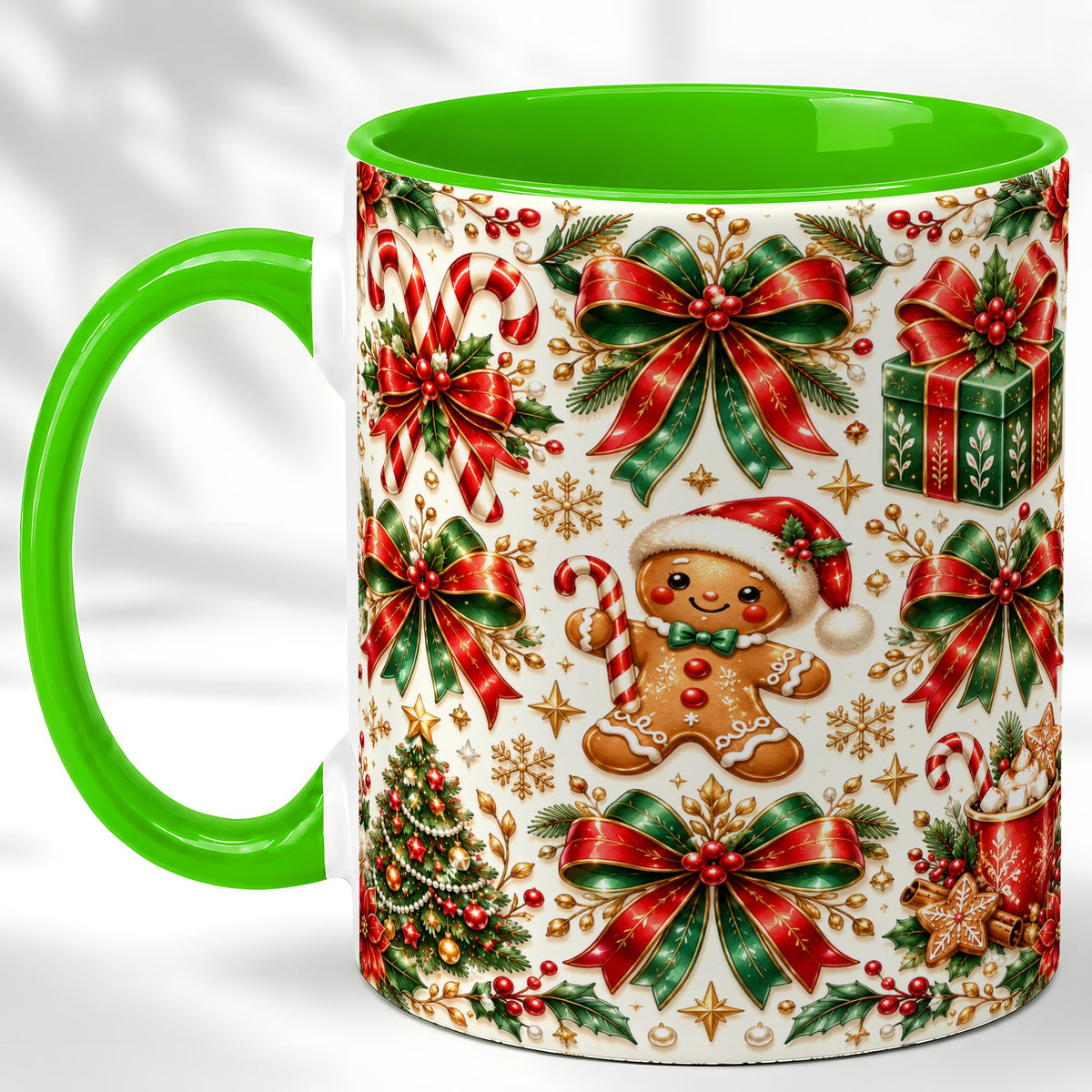#pl[11oz|Green] Christmas Bows Coffee Mug, Holiday Ribbon Mug, Ceramic Cup