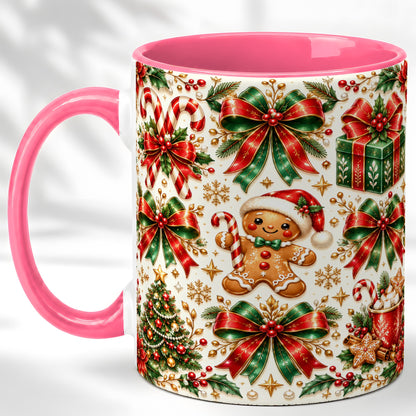 #pl[11oz|Pink] Christmas Bows Coffee Mug, Holiday Ribbon Mug, Ceramic Cup
