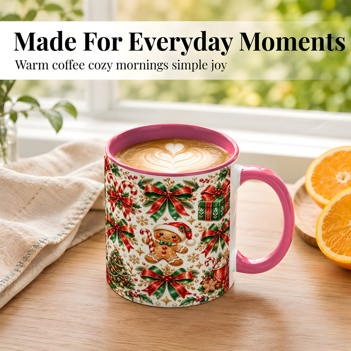 #pl[11oz|Pink] Christmas Bows Coffee Mug, Holiday Ribbon Mug, Ceramic Cup