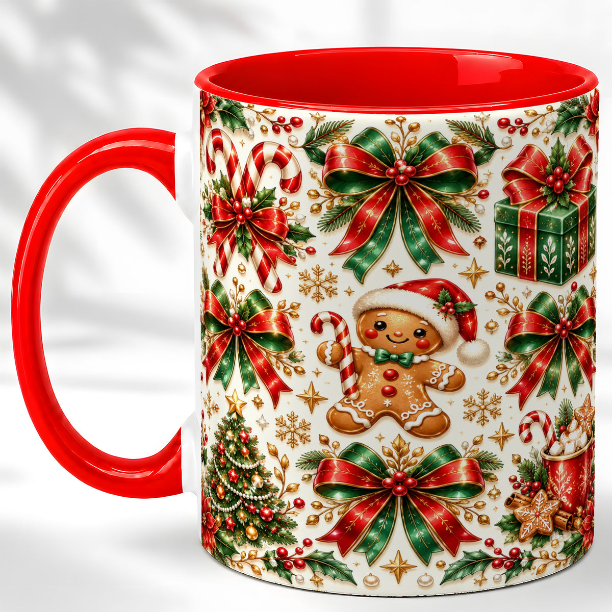 Christmas Bows Coffee Mug, Holiday Ribbon Mug, Ceramic Cup