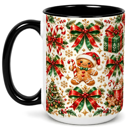 #pl[15oz|Black] Christmas Bows Coffee Mug, Holiday Ribbon Mug, Ceramic Cup