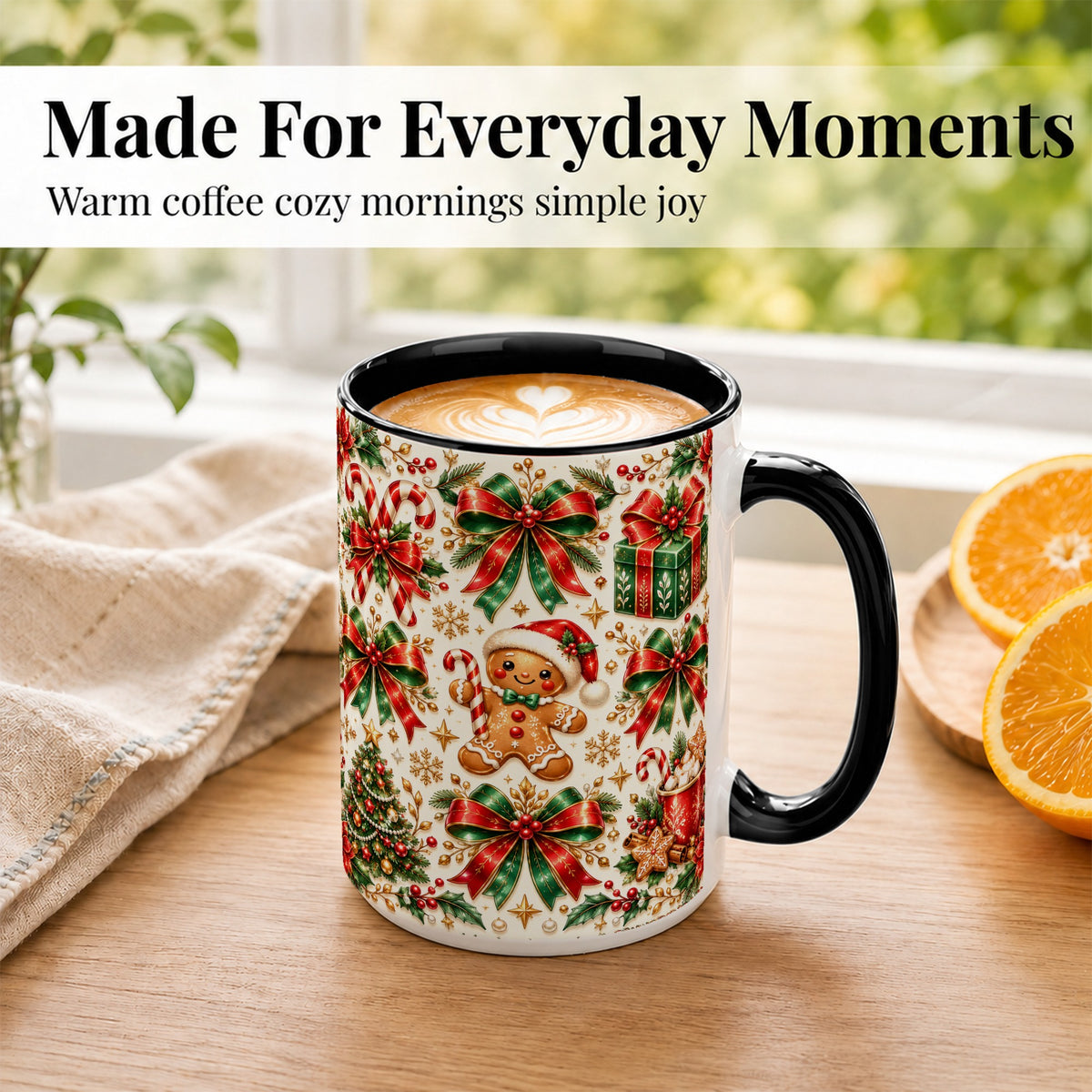#pl[15oz|Black] Christmas Bows Coffee Mug, Holiday Ribbon Mug, Ceramic Cup