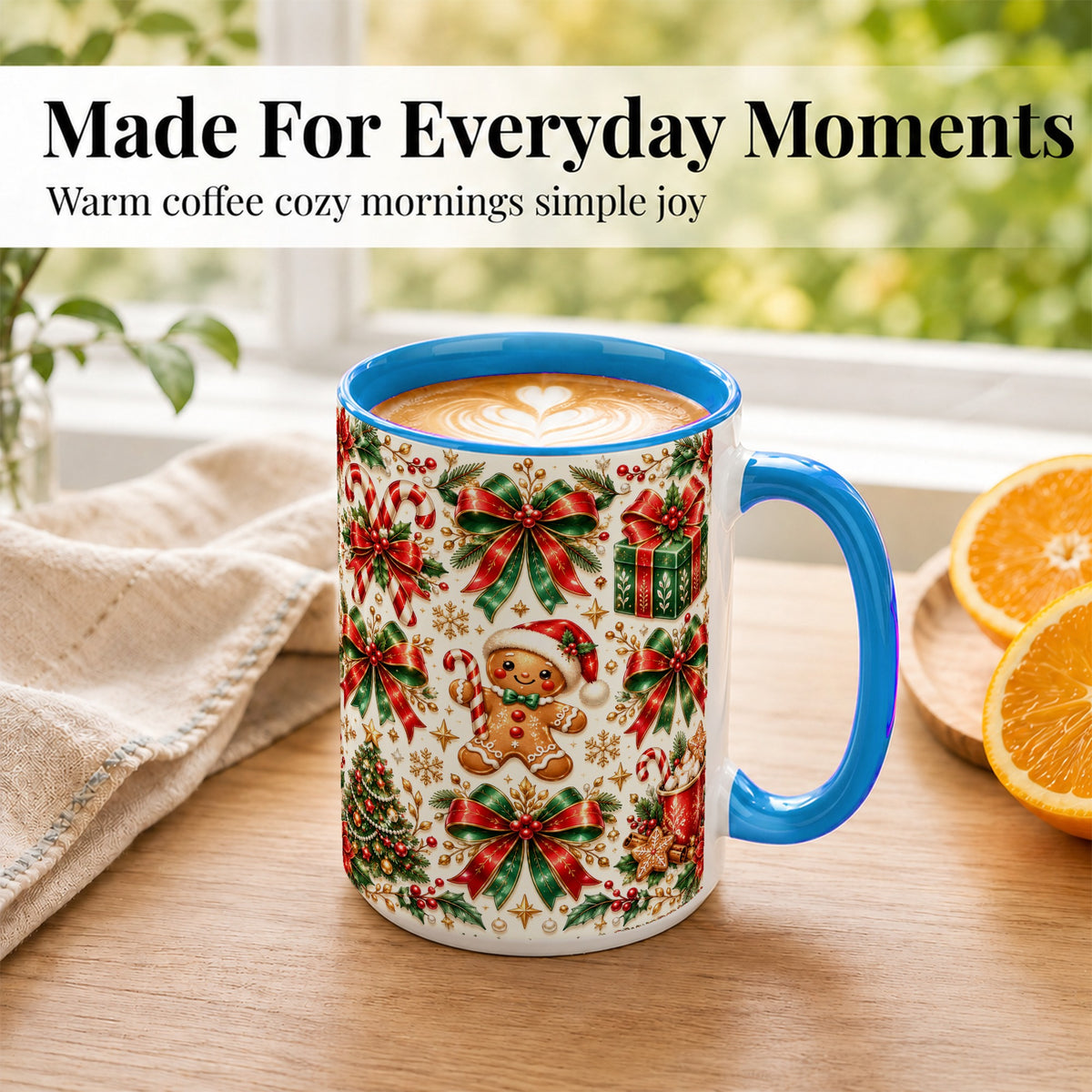 #pl[15oz|Blue] Christmas Bows Coffee Mug, Holiday Ribbon Mug, Ceramic Cup