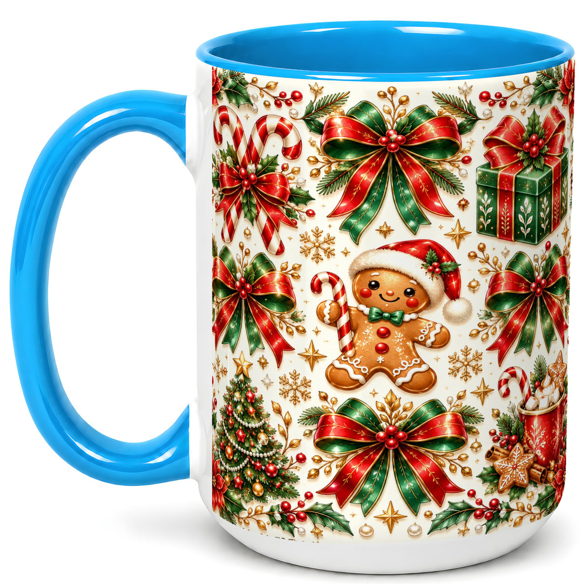 #pl[15oz|Blue] Christmas Bows Coffee Mug, Holiday Ribbon Mug, Ceramic Cup