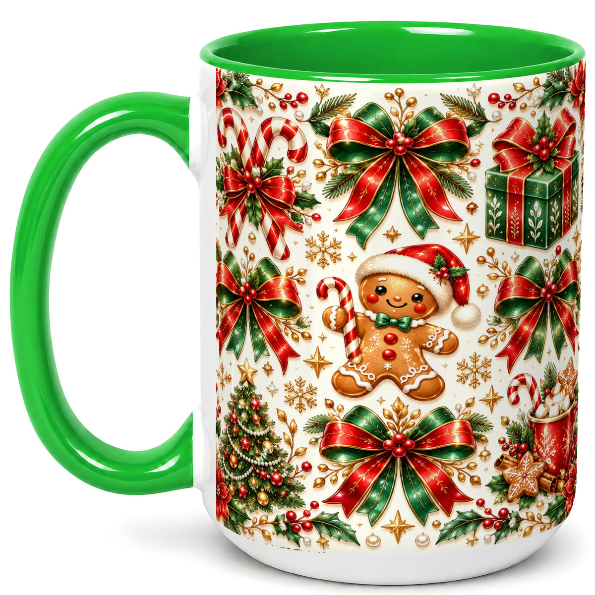 #pl[15oz|Green] Christmas Bows Coffee Mug, Holiday Ribbon Mug, Ceramic Cup
