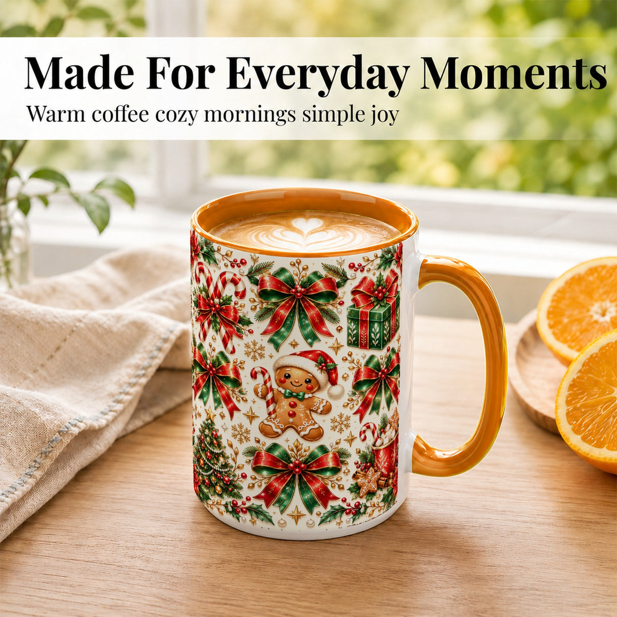 #pl[15oz|Orange] Christmas Bows Coffee Mug, Holiday Ribbon Mug, Ceramic Cup