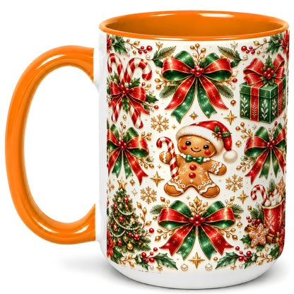#pl[15oz|Orange] Christmas Bows Coffee Mug, Holiday Ribbon Mug, Ceramic Cup