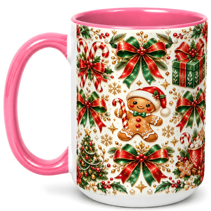 #pl[15oz|Pink] Christmas Bows Coffee Mug, Holiday Ribbon Mug, Ceramic Cup