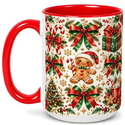 #pl[15oz|Red] Christmas Bows Coffee Mug, Holiday Ribbon Mug, Ceramic Cup
