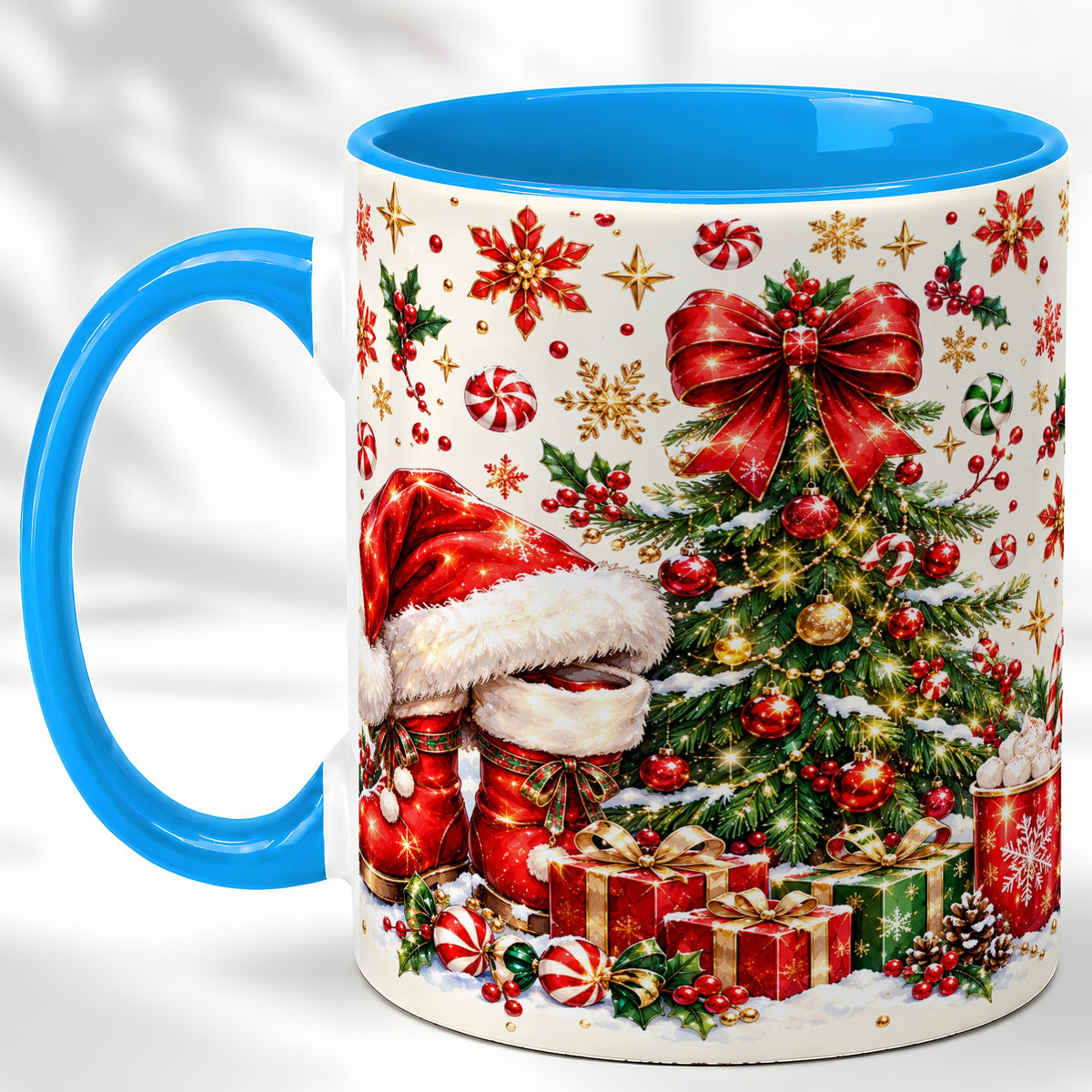 #pl[11oz|Blue] Christmas Tree Coffee Mug, Santa Boots Holiday Mug, Ceramic Cup