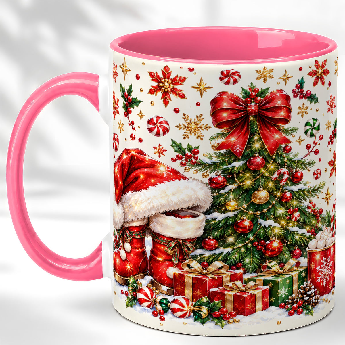 #pl[11oz|Pink] Christmas Tree Coffee Mug, Santa Boots Holiday Mug, Ceramic Cup