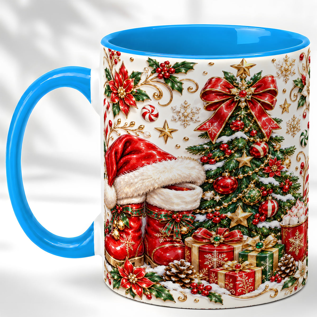 #pl[11oz|Blue] Elegant Christmas Coffee Mug, Santa Boots Holiday Mug, Ceramic Cup