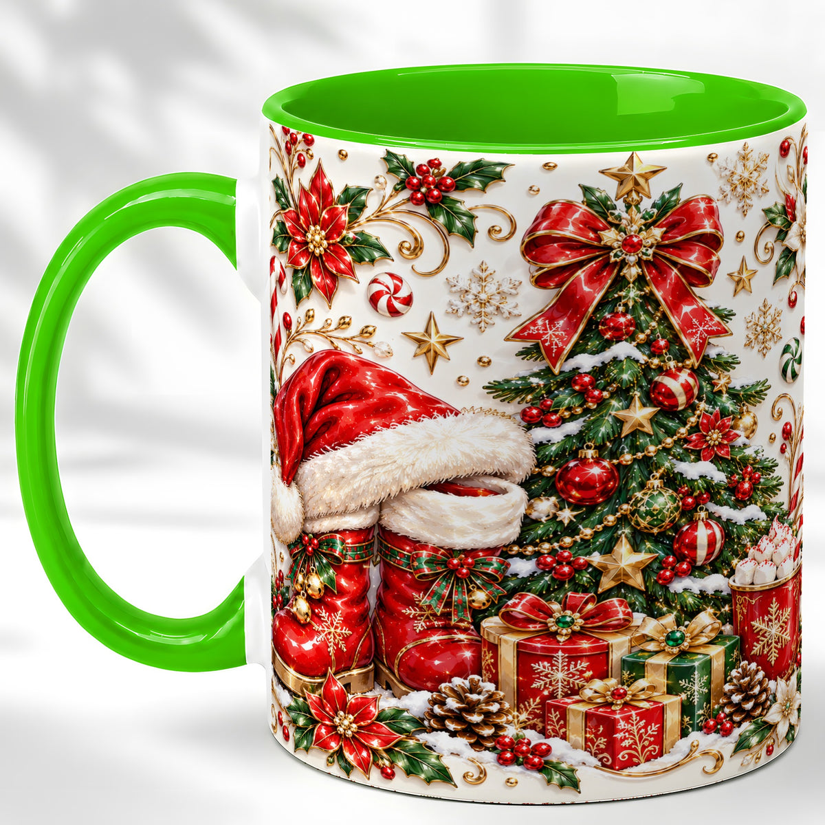 #pl[11oz|Green] Elegant Christmas Coffee Mug, Santa Boots Holiday Mug, Ceramic Cup