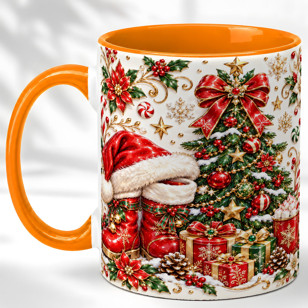 #pl[11oz|Orange] Elegant Christmas Coffee Mug, Santa Boots Holiday Mug, Ceramic Cup