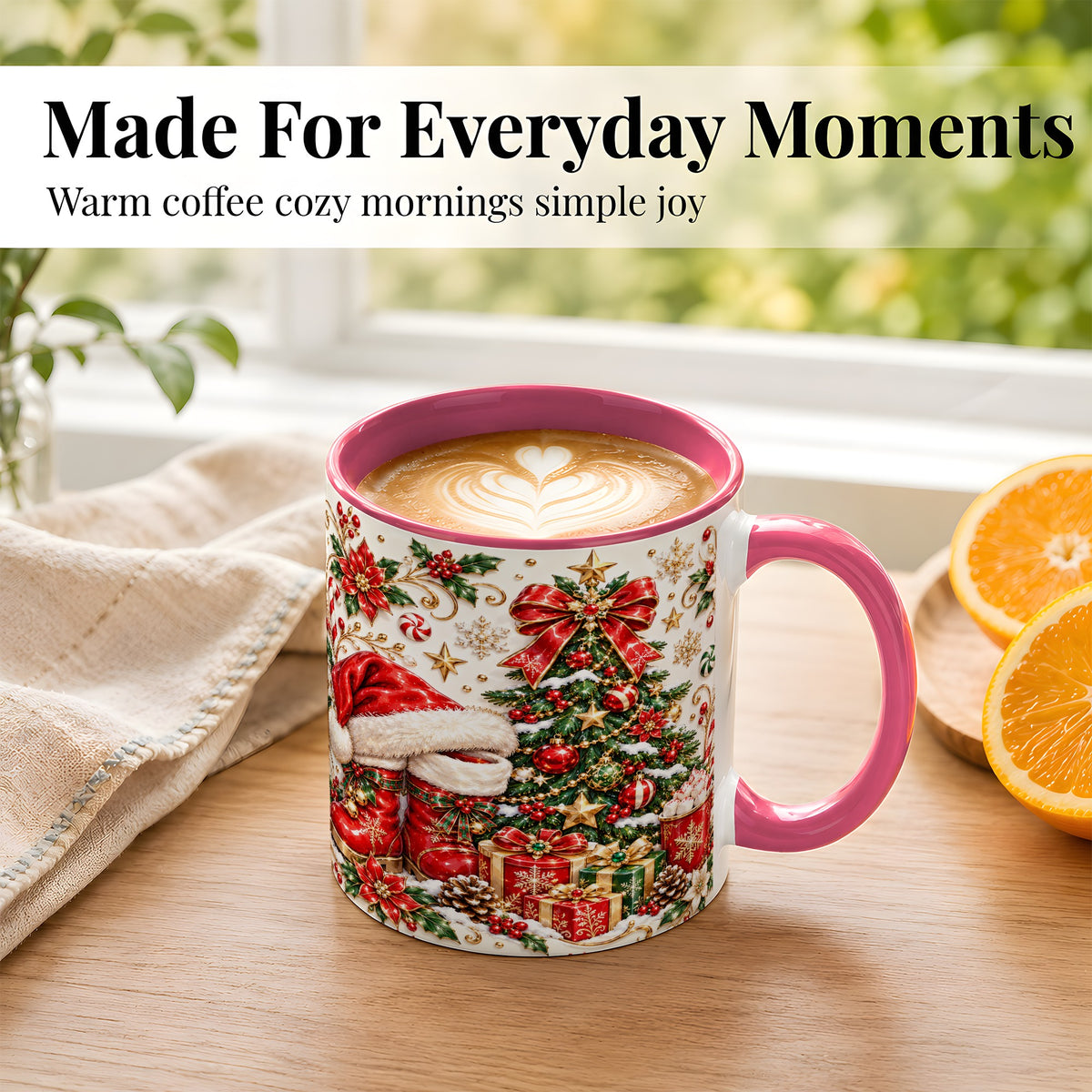 #pl[11oz|Pink] Elegant Christmas Coffee Mug, Santa Boots Holiday Mug, Ceramic Cup