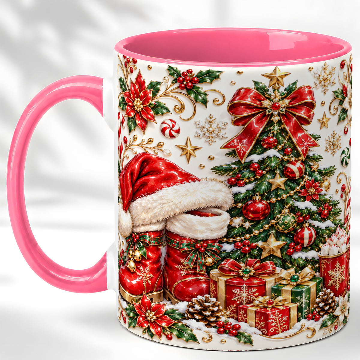 #pl[11oz|Pink] Elegant Christmas Coffee Mug, Santa Boots Holiday Mug, Ceramic Cup