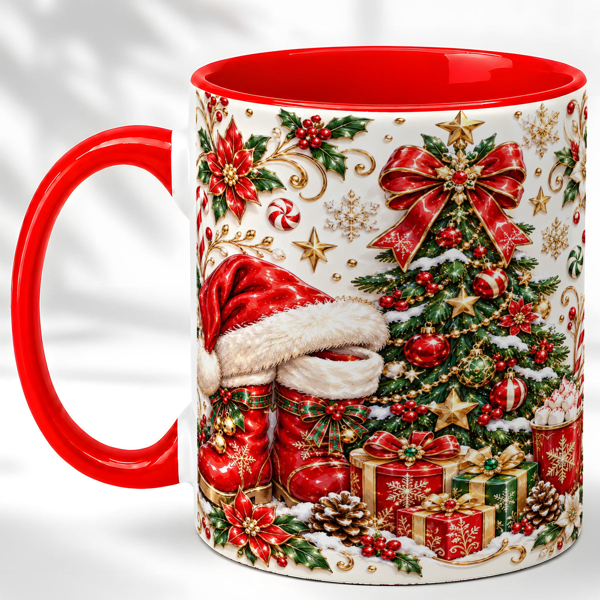 Elegant Christmas Coffee Mug, Santa Boots Holiday Mug, Ceramic Cup