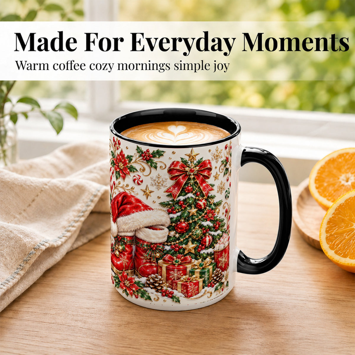 #pl[15oz|Black] Elegant Christmas Coffee Mug, Santa Boots Holiday Mug, Ceramic Cup