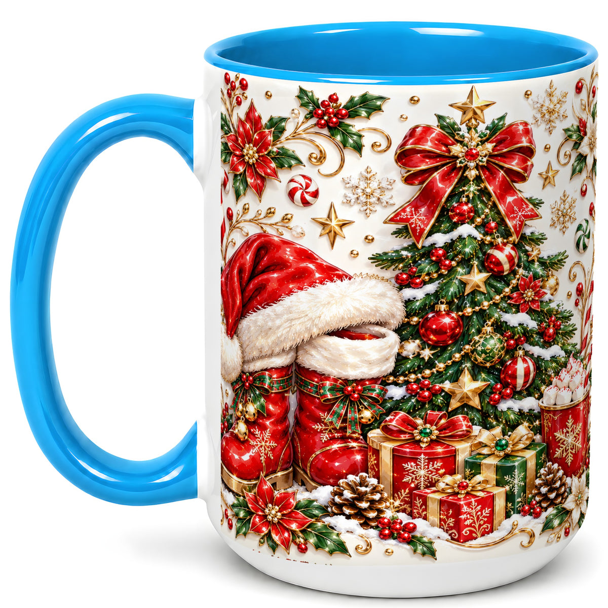 #pl[15oz|Blue] Elegant Christmas Coffee Mug, Santa Boots Holiday Mug, Ceramic Cup