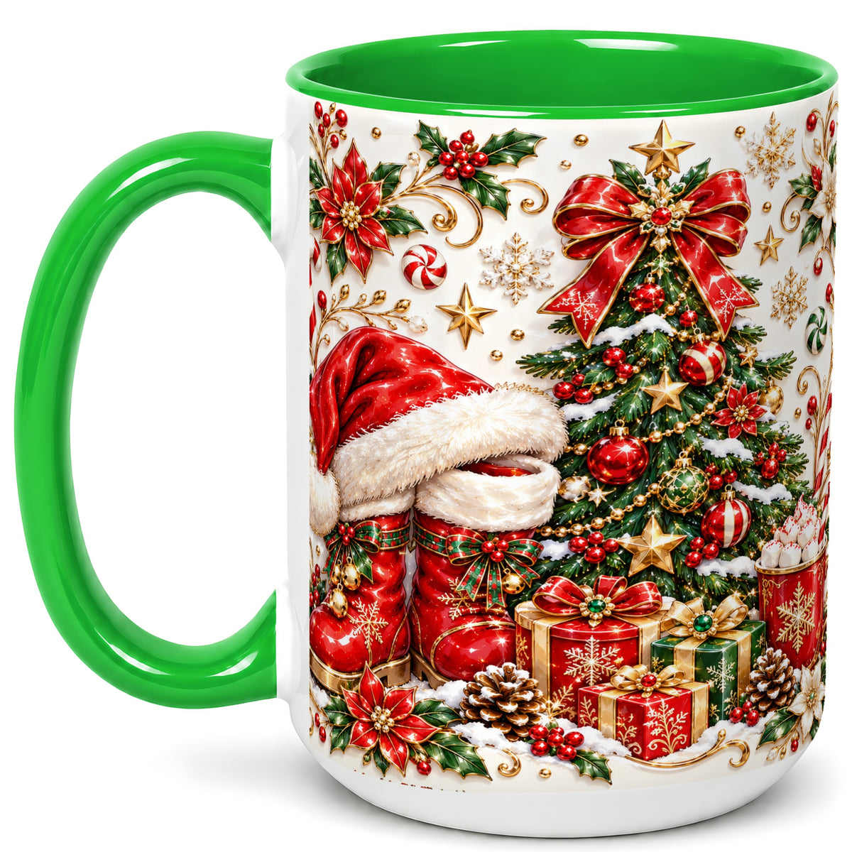 #pl[15oz|Green] Elegant Christmas Coffee Mug, Santa Boots Holiday Mug, Ceramic Cup