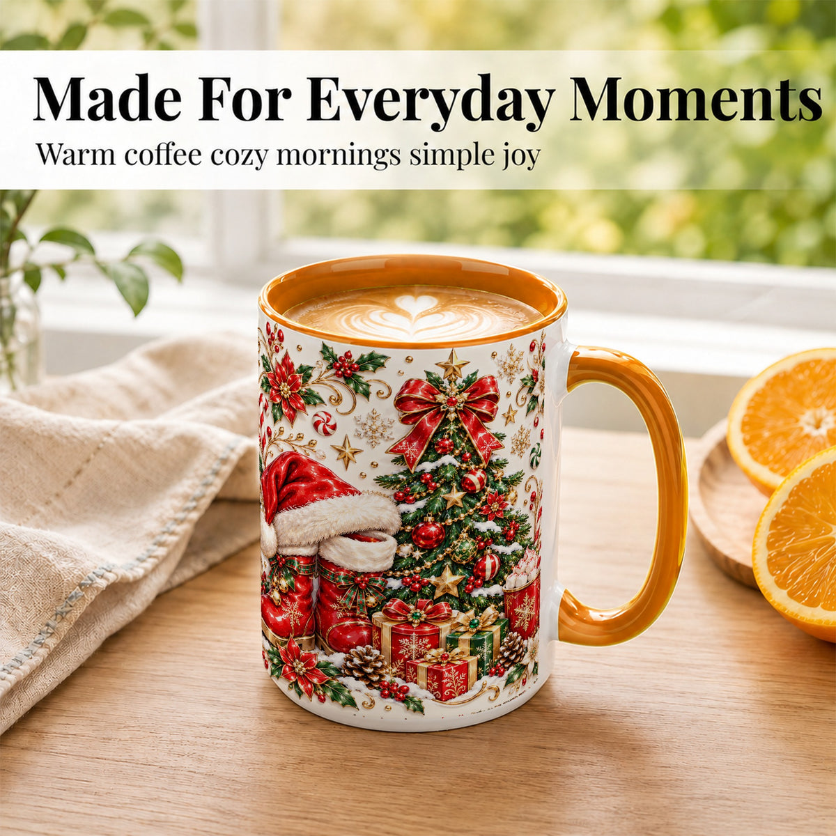 #pl[15oz|Orange] Elegant Christmas Coffee Mug, Santa Boots Holiday Mug, Ceramic Cup